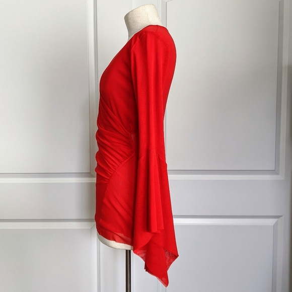 FUZZI Wrap Front V-Neckline Fine Mesh Knit Long Butterfly Bell Sleeves Red L NWT - Picture 9 of 16